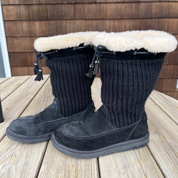 UGG Australia Boots Suburb Black Suede Crochet Knit, Size 7 - Picture 1 of 10